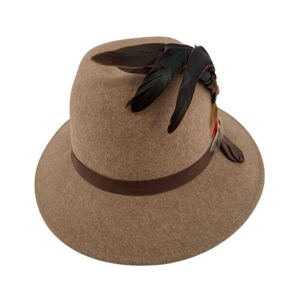 Vintage Knox Custom Felt Fedora Hat with Feather Accent Tan Wool Made in USA - Picture 9 of 10